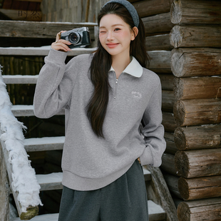 撞色上衣显瘦正肩新款 女装 宽松 刺绣加绒卫衣微胖mm冬季 时然大码