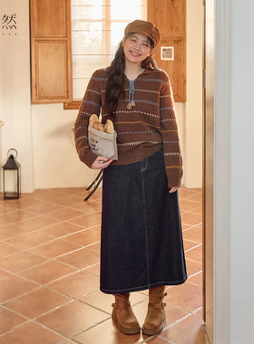 时然大码女装牛仔裙半身裙秋冬新款微胖mm百搭裙子a字长裙冬装