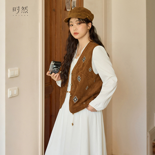 微胖mm波嬉风v领开衫 时然大码 新款 麂皮绒绣花马甲25秋季 上衣 女装