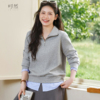 时然大码假两件卫衣微胖女装polo领灰色显瘦T恤上衣新款百搭显瘦
