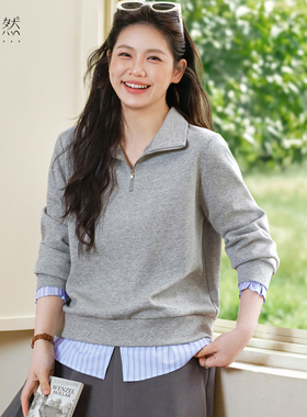 时然大码假两件卫衣微胖女装polo领灰色显瘦T恤上衣新款百搭显瘦