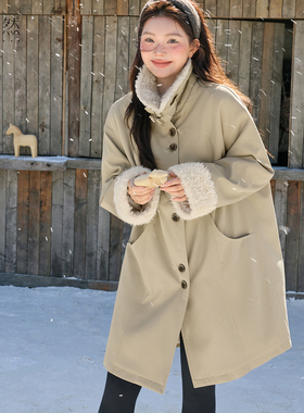 时然大码加绒直筒棉衣微胖mm冬季卡其加厚棉服新款女装长款厚外套