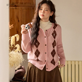 女设计感撞色菱格学院风圆领针织开衫 时然大码 微胖MM25年冬季 毛衣