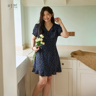 收腰显瘦遮肉V领碎花茶歇裙 雪纺连衣裙26夏新款 时然微胖大码 女装