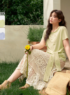 时然大码微胖MM26年夏季新款圆领设计感显瘦百搭钉珠系带短袖T恤