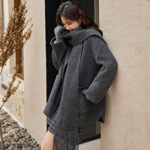时然大码女装带围巾双面毛呢外套25秋冬胖mm羊毛大衣口袋冬装上衣