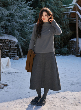 时然大码黑色毛呢半身裙微胖mm冬季女装高腰裙子显瘦新款A字裙