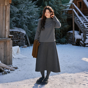 高腰裙子显瘦新款 女装 A字裙 黑色毛呢半身裙微胖mm冬季 时然大码