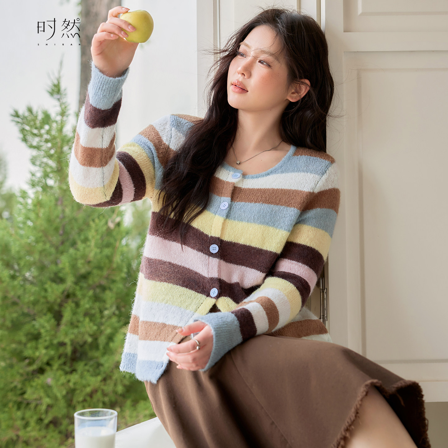 时然大码撞色条纹针织衫微胖女装春季新品圆领毛衣开衫韩系大码,女装/女士精品,大码内搭,淘宝优惠券,粉丝福利购,淘宝优惠卷