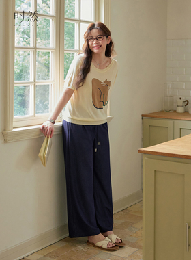 时然大码微胖MM26年夏季时尚显瘦百搭遮肉印花窄版直筒垂感休闲裤