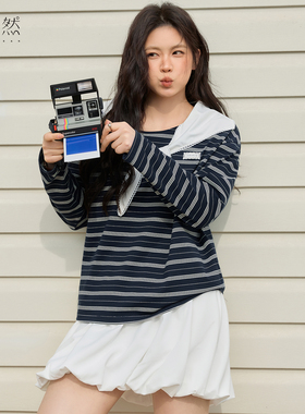 时然大码条纹T恤微胖女装海军领上衣百搭撞色春季新品宽松长袖