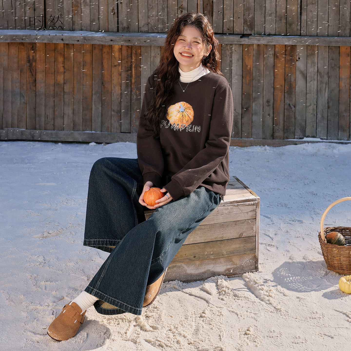 时然大码美式复古阔腿牛仔裤