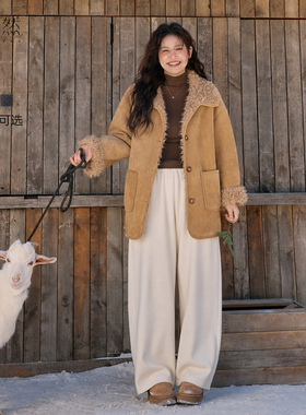 时然大码加绒休闲裤微胖mm冬季女装阔腿裤保暖加厚裤子高腰直筒裤