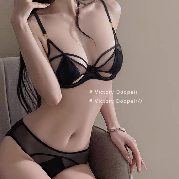 迷欲黑纯欲紫色网纱聚拢大码性感内衣女大胸显小聚拢情趣胸罩套装