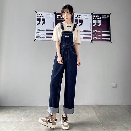 MNVZ新款美式牛仔背带裤女直筒宽松显瘦韩版百搭减龄大码盐系港风