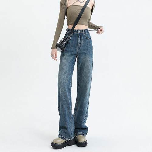MNVZ复古牛仔裤女秋季新款设计感小众高腰宽松显瘦阔腿拖地裤子潮