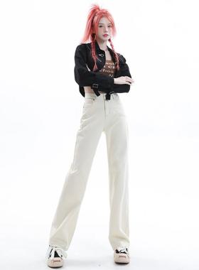 UYH高腰直筒牛仔裤女2023早春新品美式设计感小众宽松显瘦阔腿裤