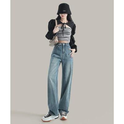 纪衣恋复古女款牛仔阔腿裤冬季宽松显瘦加绒加厚直筒牛仔裤子秋冬