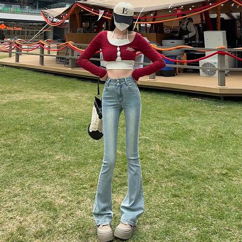 MNVZ微喇叭牛仔裤女2024年新款美式高腰修身显瘦小个子马蹄裤子潮