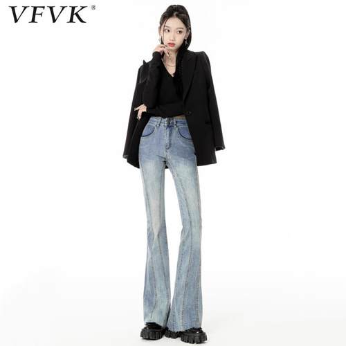 vfvk复古牛仔裤女港风直筒高腰2024年新款秋冬微喇叭裤子显瘦提臀