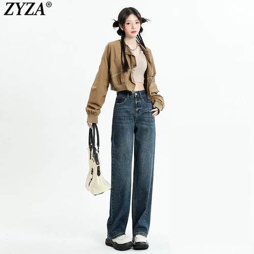 ZYZA爆款牛仔裤女2024年秋冬季新款复古高腰直筒加绒休闲阔腿裤子