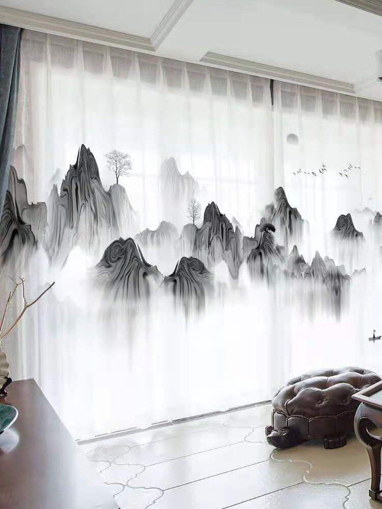 半遮光不透人纱帘数码印花窗纱古典中式中国风山水画3D水墨画窗帘属于什么档次？