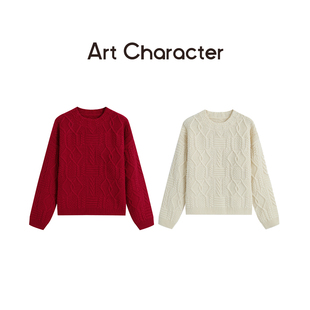 跨年过年新年 艺符100羊毛圆领绞花红色毛衣女冬季 ART CHARACTER