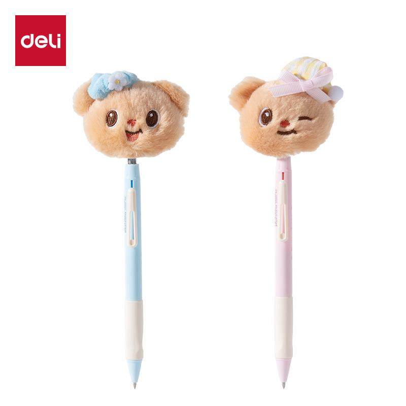 得力HY011黑色黄油小熊毛绒头臻顺滑按动中性笔0.5子弹头学生黑笔