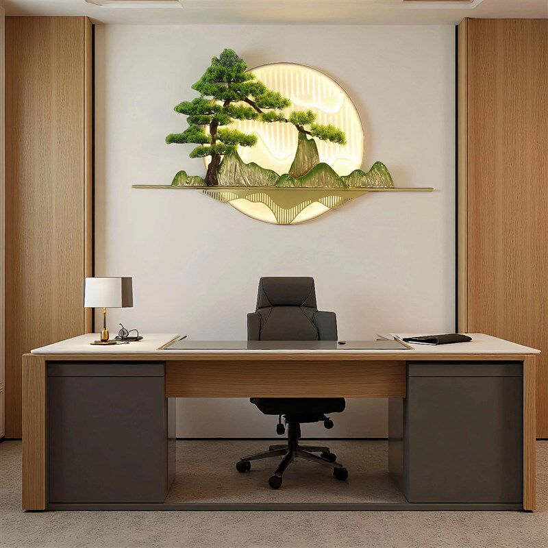 研拙会议室背景墙立体浮雕迎客松装饰画 画高级感办公室LED灯壁挂