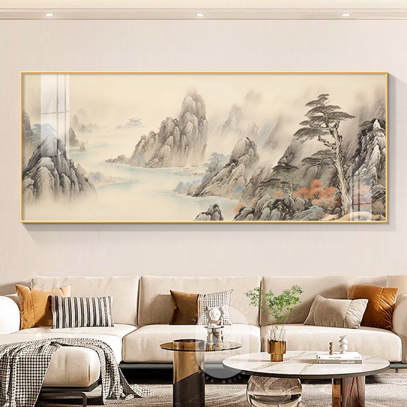 水墨山水画办公室西墙客厅挂画新中式沙发背景墙壁画靠山图一整幅