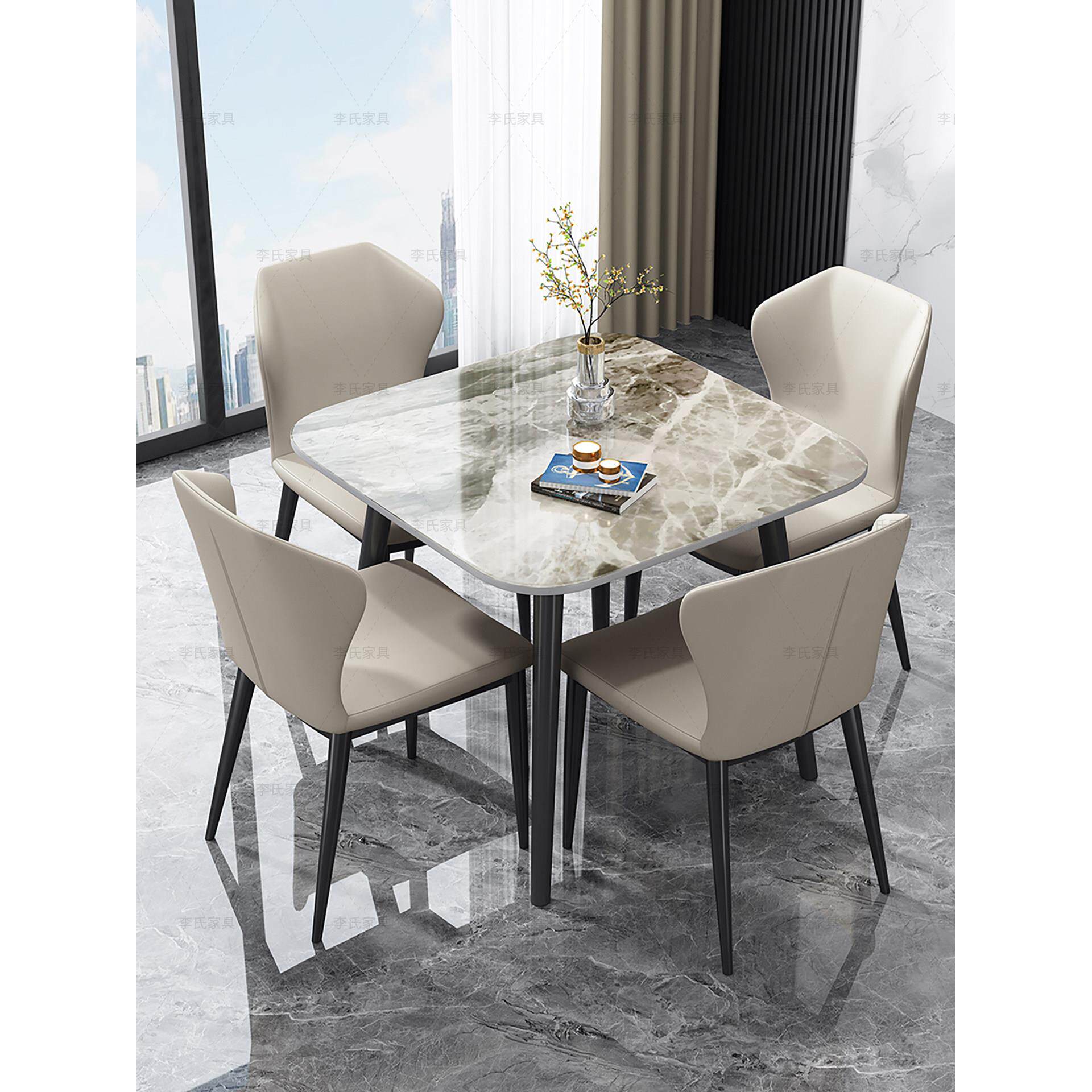 现代简约正方形岩板圆餐桌家用小户型大理石接待洽谈阳台桌椅组合