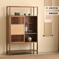 纯实木博古架展示柜子新中式餐边柜置物架中古法日式厨房斗柜藤编