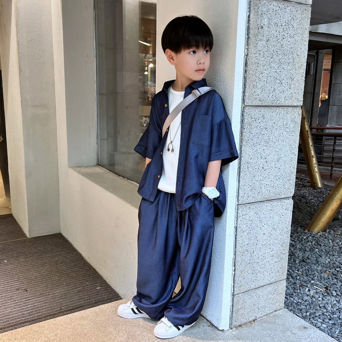 男童夏季短袖天丝牛仔套装2026新款儿童中大童小男孩童装两件套潮