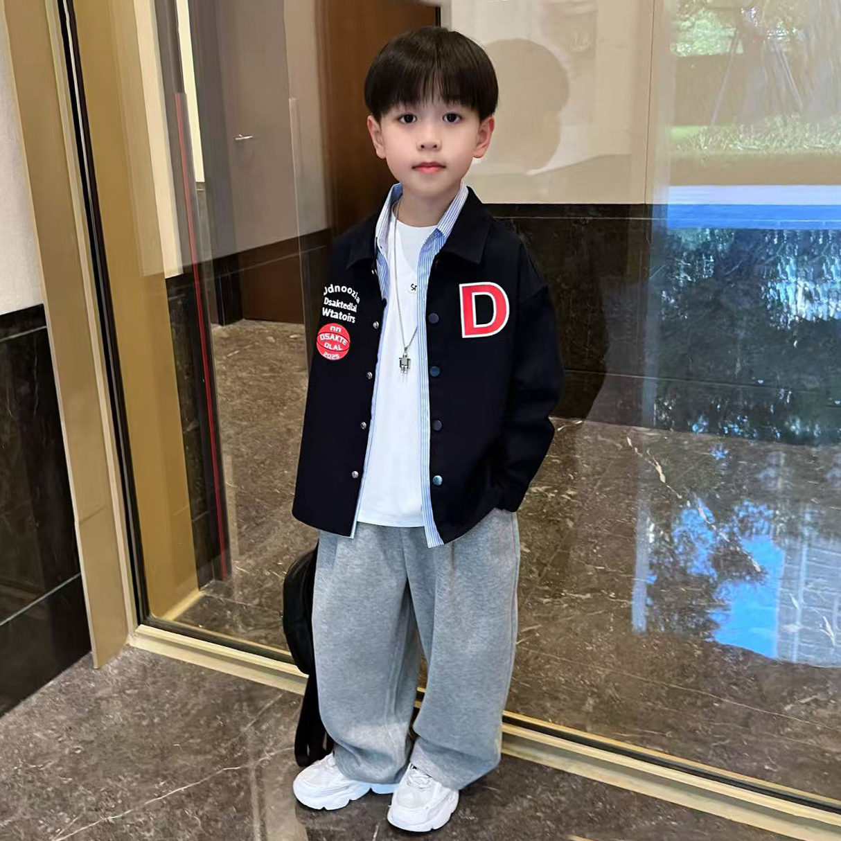 男童秋季拼接纯棉衬衫假两件外套