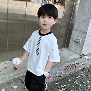 儿童中大童上衣打底衫 纯棉白色假领带T恤2025新款 潮 短袖 男童夏季