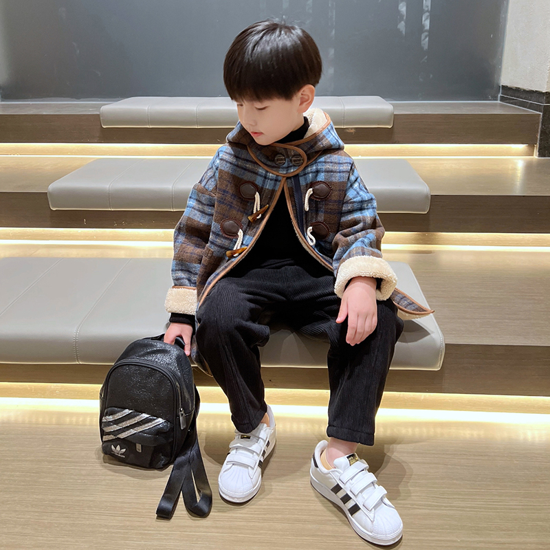 加绒加厚冬季连帽格子毛呢外套