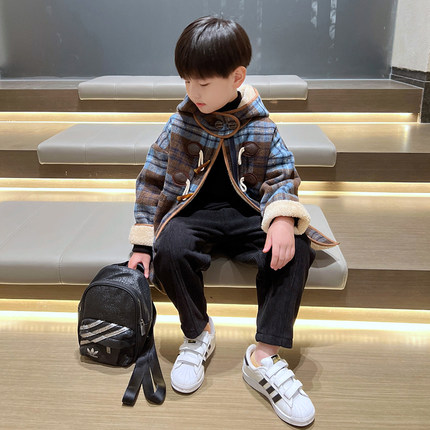 男童秋冬中长款加绒加厚保暖格子毛呢外套冬季儿童中大童呢子大衣