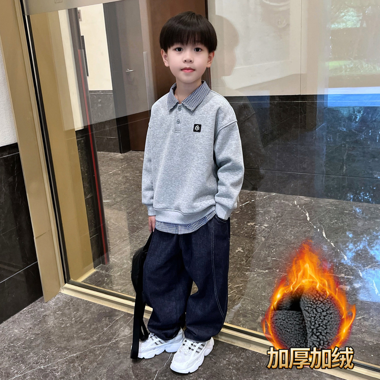 男童冬季加绒保暖假两件拼接卫衣