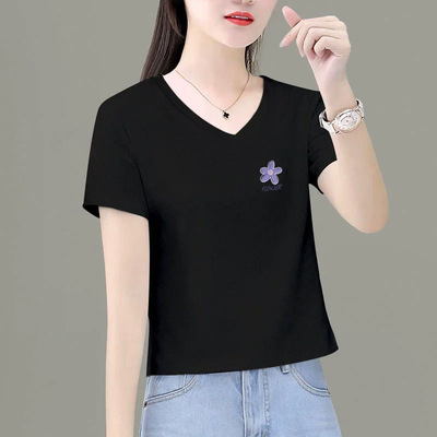 白色v领短袖t恤女精梳棉宽松洋气