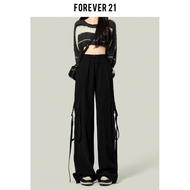 Forever 21黑色工装裤女2023新款垂感阔腿西装休闲美式运动伞兵裤