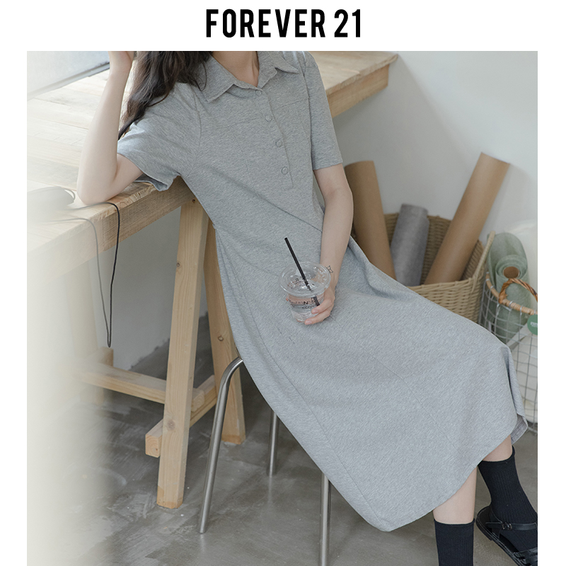 Forever 21日系学院风polo领连衣裙女早春灰色泡泡袖收腰中长裙子-封面