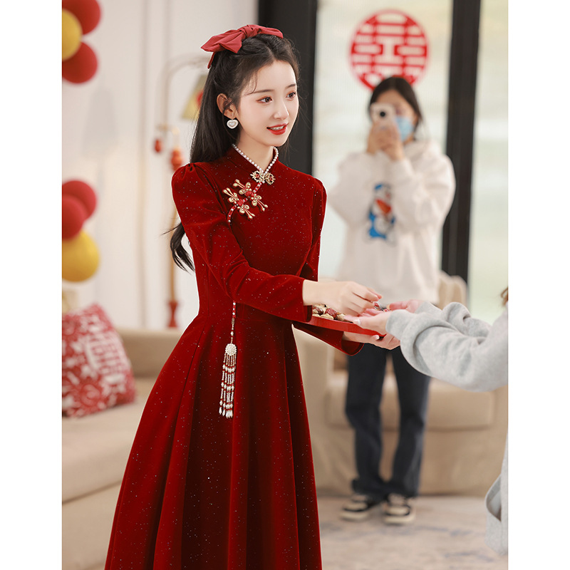 敬酒旗袍2025秋季新款新娘小个子结婚酒红色订婚晚礼服女厂家