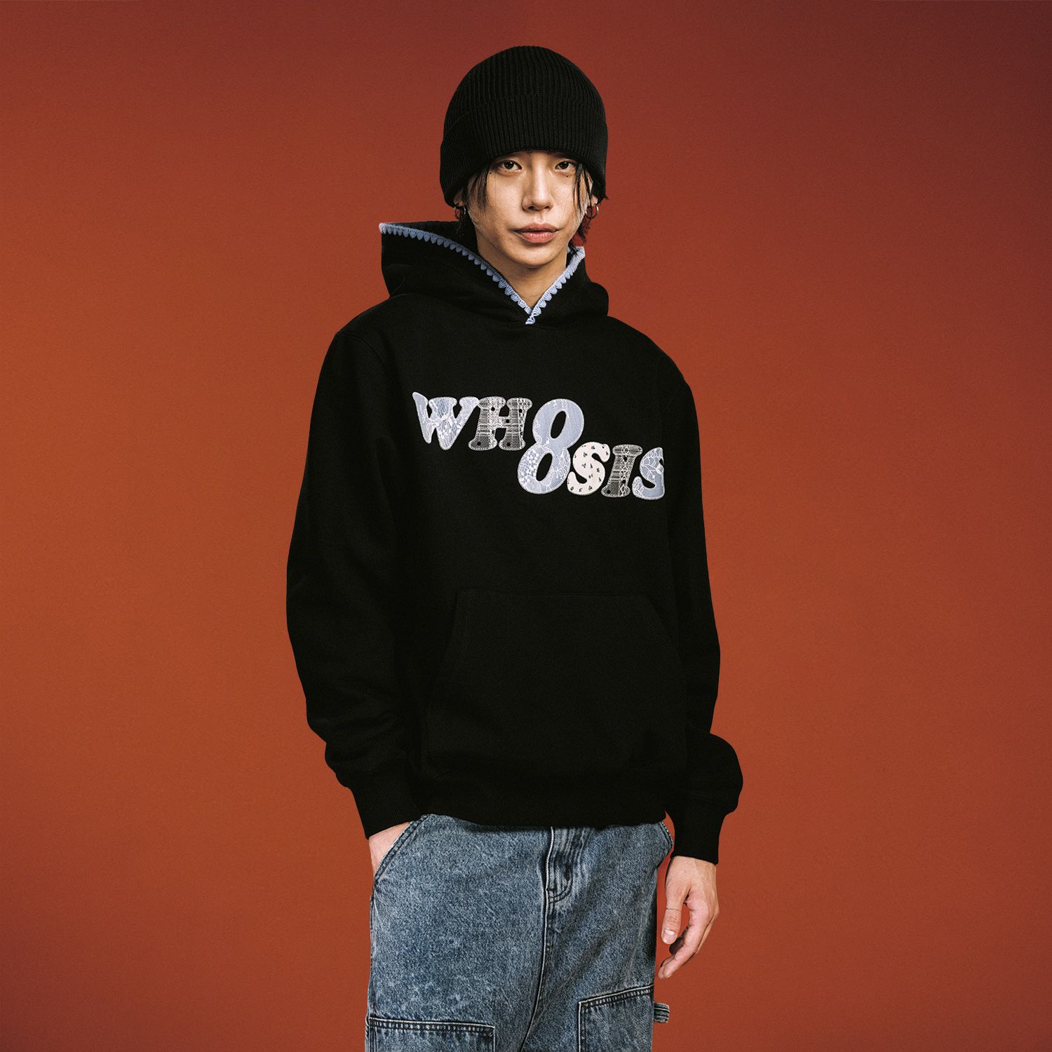 WHOOSIS(不知其名)碎花牛仔贴布绣帽衫连帽卫衣秋百搭松弛感男