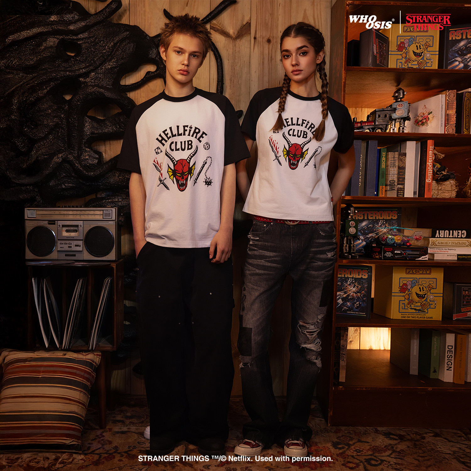 【怪奇物语官方联名】WHOOSIS 地狱火插肩短袖T恤男女夏季复古潮图片