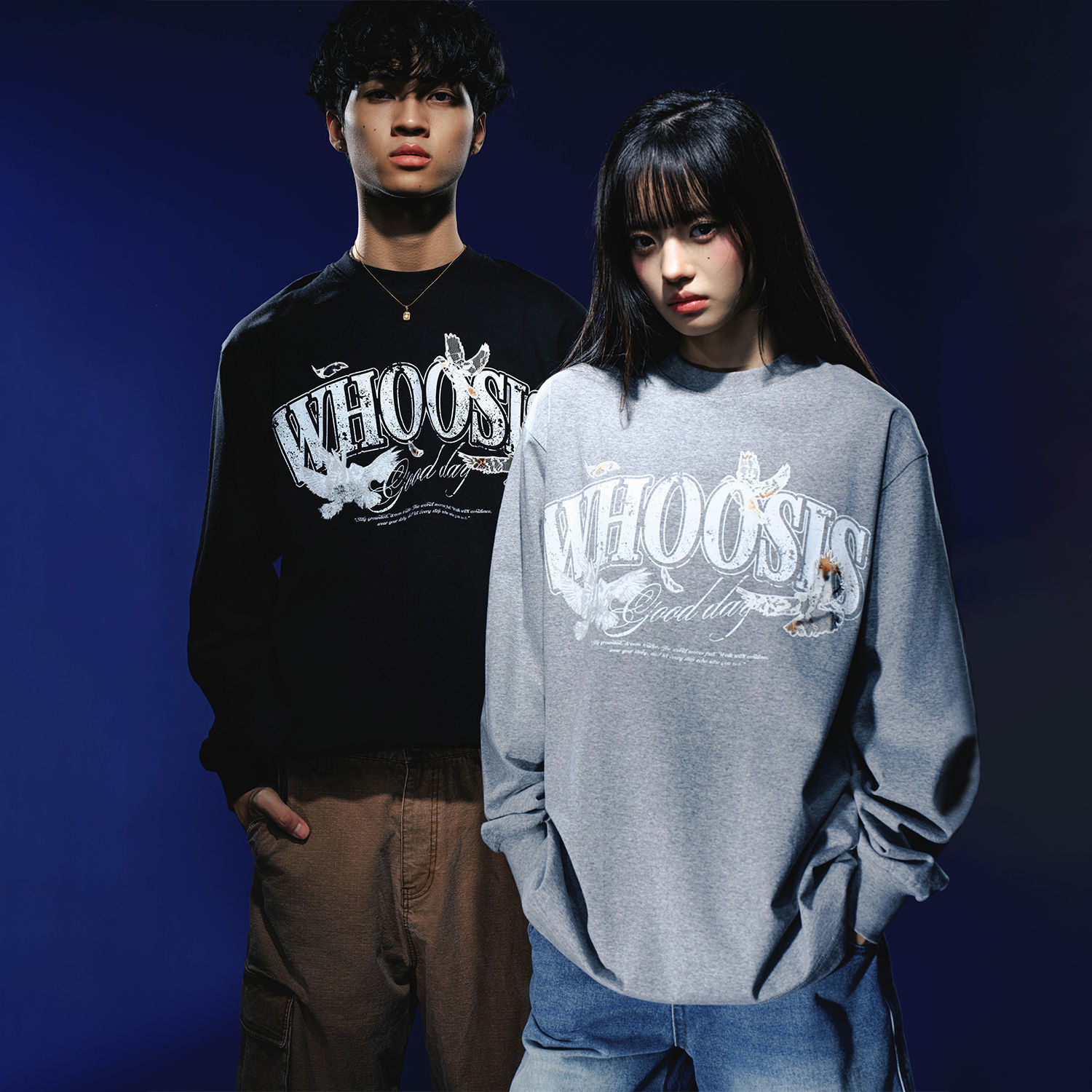 WHOOSIS(不知其名)鸽子蕾丝贴布长袖T恤秋季百搭打底校园情侣潮