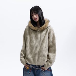 WHOOSIS(不知其名)美式复古扭花连帽开衫毛衣秋冬美式男女简约