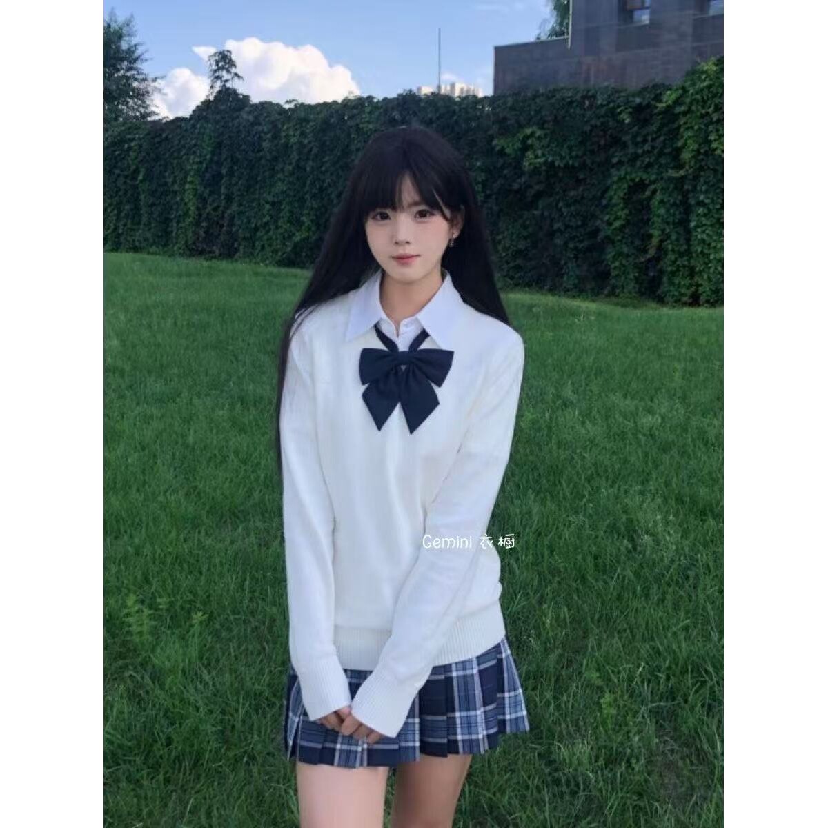 春日青jk学院风日系制服长袖针织毛衣叠穿衬衫校供小田绫格裙套装