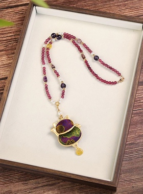 国风仿宋锦招财猫古典紫色新中式璎珞古风汉服项链福牌百搭颈配饰