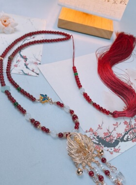 中国风马面裙配饰新中式明制汉服项链凤凰璎珞红流苏背云气质饰品