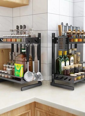 速发不锈钢厨房置收架黑色调味品油盐酱醋物用纳刀架落地多层台面
